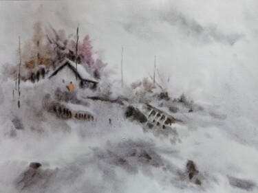 Painting titled "Деревня родная" by Dilshod Khudayorov, Original Artwork, Watercolor