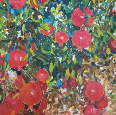 Картина под названием "Red pomegranate" - Dilshod Khudayorov, Подлинное произведение искусства, Масло Установлен на Деревянн…