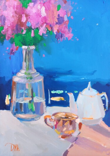 Painting titled "Lilac spreads a swe…" by Dilshod Khudayorov, Original Artwork, Oil Mounted on Wood Stretcher frame