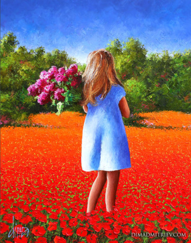 Painting titled "Gathering Flowers" by Dima Dmitriev, Original Artwork, Oil