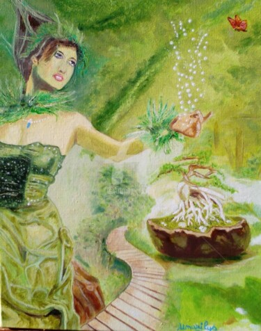 Painting titled "FEE VERTE" by Umarilys, Original Artwork, Oil