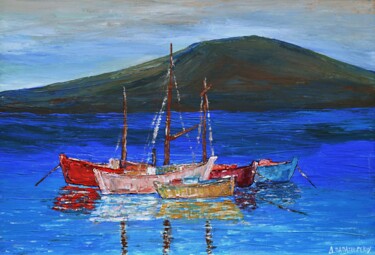 Painting titled "Fishing Boats" by Dimitra Papageorgiou, Original Artwork, Acrylic