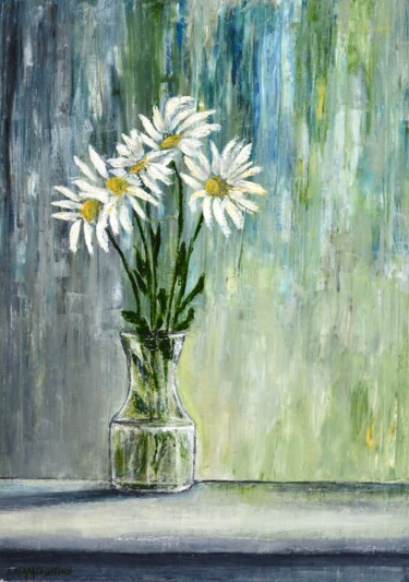 Painting titled "Still Life Daisies 2" by Dimitra Papageorgiou, Original Artwork, Oil