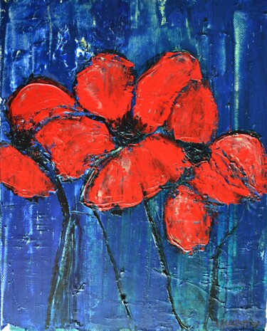 Painting titled "Red Poppies 1" by Dimitra Papageorgiou, Original Artwork, Oil