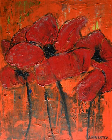 Painting titled "Red Poppies 2" by Dimitra Papageorgiou, Original Artwork, Oil