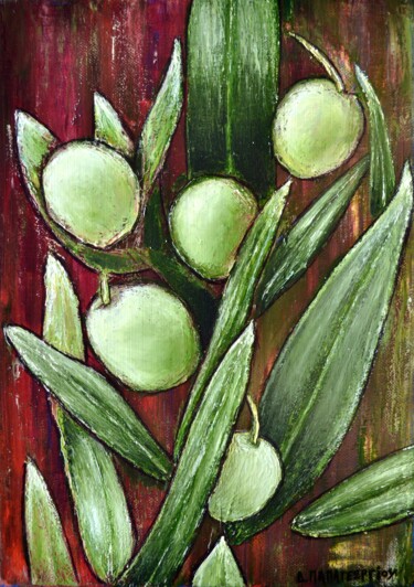 Painting titled "Olives and Leaves" by Dimitra Papageorgiou, Original Artwork, Oil