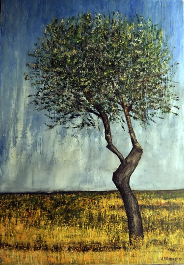 Painting titled "Single Olive Tree" by Dimitra Papageorgiou, Original Artwork, Oil