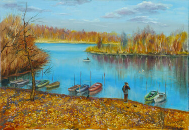 Peinture intitulée "Flotille du port au…" par Dimitri Sinyavsky, Œuvre d'art originale, Huile