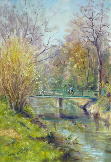 Schilderij getiteld "Pont à Montgeron" door Dimitri Sinyavsky, Origineel Kunstwerk, Olie