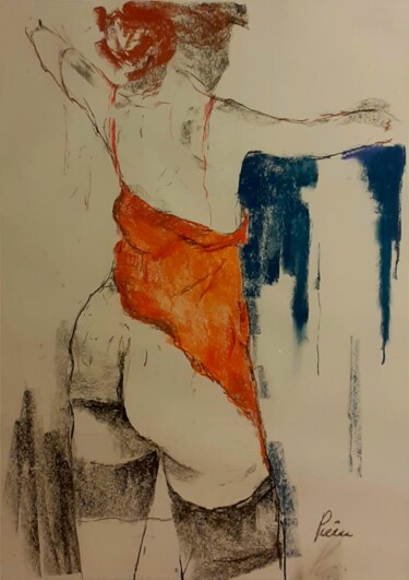 Рисунок под названием "Женщина в оранжевом" - Димитрий Пую, Подлинное произведение искусства, Пастель