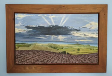 Painting titled "plowed land awaits…" by Dimitrios Savvidis, Original Artwork, Oil Mounted on Wood Stretcher frame