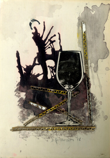 Коллажи под названием "Black Wine" - Dimitris Kritsotakis, Подлинное произведение искусства, Чернила Установлен на Деревянна…