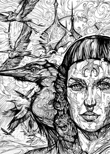 Herons Dessin intitulée "Herons" par Dmitry Valyaev, Œuvre d'art originale, Encre