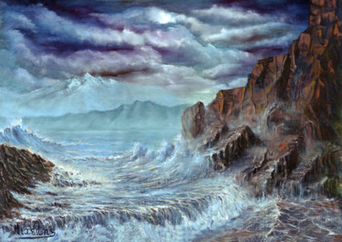 Painting titled "Rocks and waves" by Dimitrios Michelis, Original Artwork, Oil