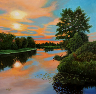 Malerei mit dem Titel "Sunset on the River" von Dietrich Moravec, Original-Kunstwerk, Acryl