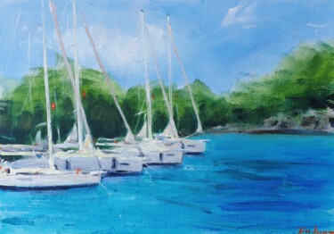 Painting titled "Sailing boats in Sa…" by Dina Aseeva, Original Artwork, Acrylic Mounted on Wood Stretcher frame