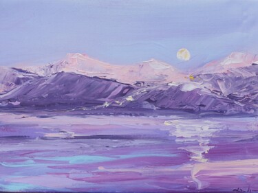 Painting titled "Violet sea, moon" by Dina Aseeva, Original Artwork, Acrylic Mounted on Wood Stretcher frame