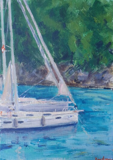 Painting titled "Two boats in the ev…" by Dina Aseeva, Original Artwork, Acrylic Mounted on Wood Stretcher frame