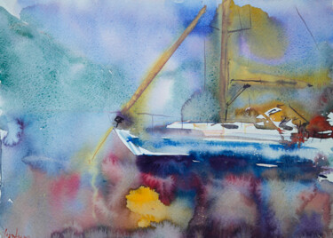 Painting titled "Sunset boat - water…" by Dina Aseeva, Original Artwork, Watercolor