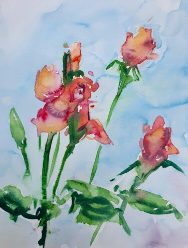 Malerei mit dem Titel "Roses on blue - wat…" von Dina Aseeva, Original-Kunstwerk, Aquarell