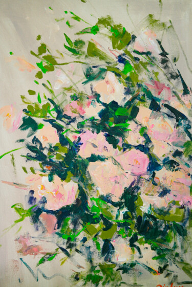 Painting titled "Fading roses - pale…" by Dina Aseeva, Original Artwork, Acrylic Mounted on Wood Stretcher frame