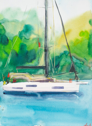 Pintura intitulada "What kind of yacht…" por Dina Aseeva, Obras de arte originais, Aquarela