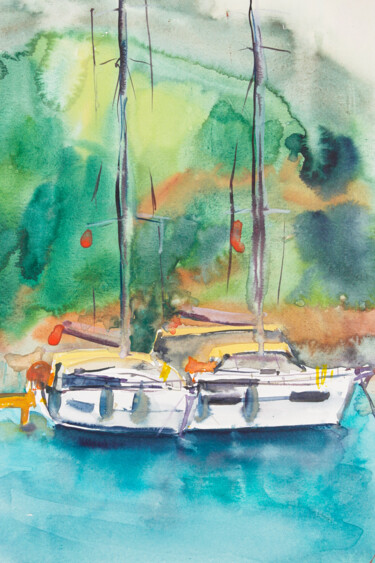 Painting titled "Two of us - yacht o…" by Dina Aseeva, Original Artwork, Watercolor