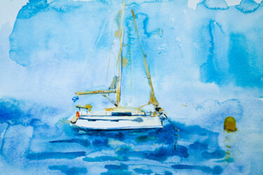 Painting titled "A boat on anchor ne…" by Dina Aseeva, Original Artwork, Watercolor