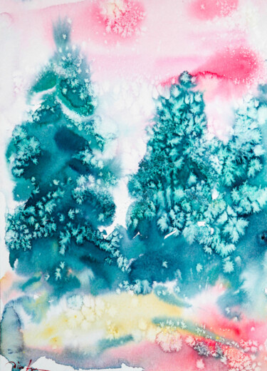 Картина под названием "Winter trees - snow…" - Dina Aseeva, Подлинное произведение искусства, Акварель