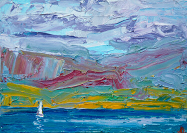 「Sea, clouds and mou…」というタイトルの絵画 Dina Aseevaによって, オリジナルのアートワーク, オイル 段ボールにマウント