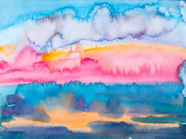Malarstwo zatytułowany „Sunset in the sea -…” autorstwa Dina Aseeva, Oryginalna praca, Akwarela