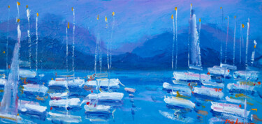 Painting titled "Anchorage - yachts…" by Dina Aseeva, Original Artwork, Acrylic Mounted on Wood Stretcher frame