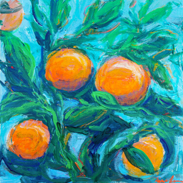 Painting titled "Mandarins - fresh f…" by Dina Aseeva, Original Artwork, Acrylic Mounted on Wood Stretcher frame