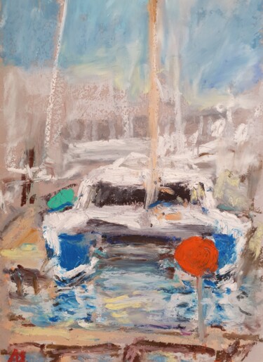 Painting titled "Fountaine Pajot cat…" by Dina Aseeva, Original Artwork, Pastel