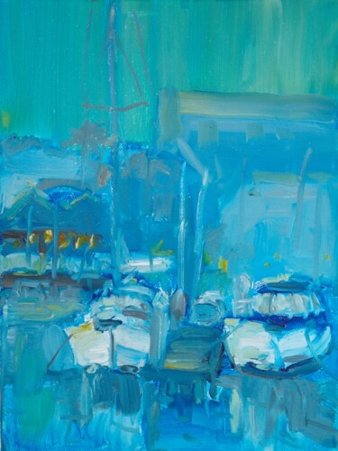 Painting titled "TWO YACHTS IN WATER…" by Dina Aseeva, Original Artwork, Oil Mounted on Wood Stretcher frame