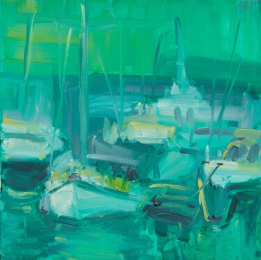 Painting titled "Green yachts in V&A…" by Dina Aseeva, Original Artwork, Oil Mounted on Wood Stretcher frame