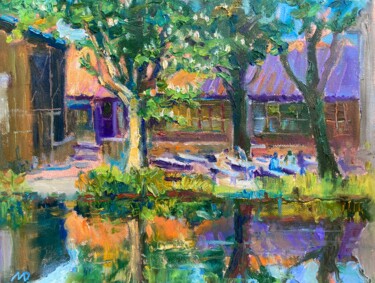 Schilderij getiteld "Biergarten" door Dina Marholina, Origineel Kunstwerk, Olie