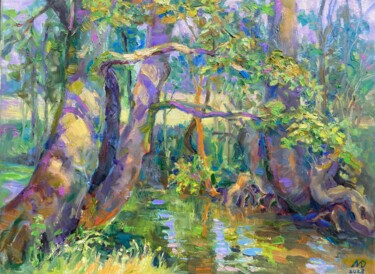 Painting titled "Trees by the stream" by Dina Marholina, Original Artwork, Oil