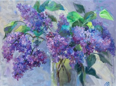 Painting titled "Lilac flowers" by Dina Marholina, Original Artwork, Oil