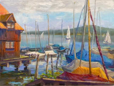 Pittura intitolato "sailboats at the pi…" da Dina Marholina, Opera d'arte originale, Olio