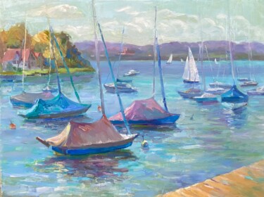 Pittura intitolato "Sleeping sailboats" da Dina Marholina, Opera d'arte originale, Olio