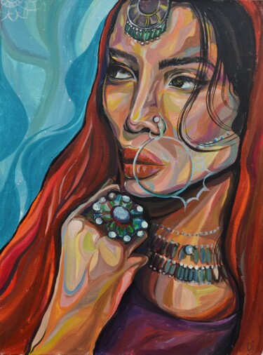 Painting titled "indian woman" by Dina Telesheva, Original Artwork, Acrylic Mounted on Wood Stretcher frame