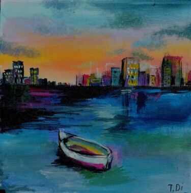 Painting titled "lonely boat" by Dina Telesheva, Original Artwork, Acrylic Mounted on Wood Stretcher frame