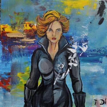 Painting titled "black widow" by Dina Telesheva, Original Artwork, Acrylic Mounted on Cardboard