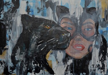 Painting titled "panther and catwoma…" by Dina Telesheva, Original Artwork, Acrylic Mounted on Cardboard
