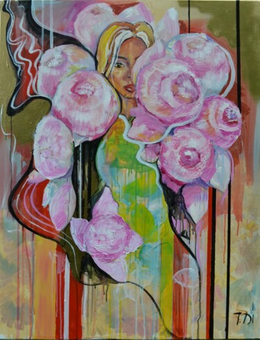 Painting titled "peonies and rogue" by Dina Telesheva, Original Artwork, Acrylic Mounted on Wood Stretcher frame