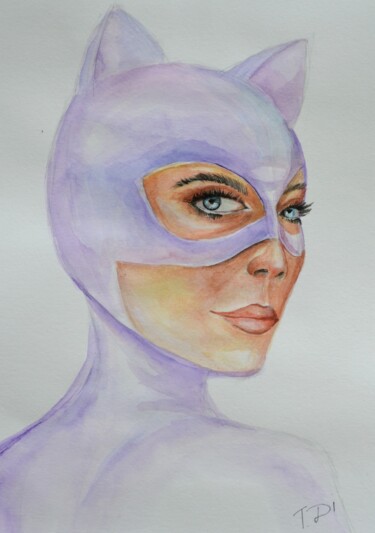 Malerei mit dem Titel "catwoman on paper" von Dina Telesheva, Original-Kunstwerk, Aquarell