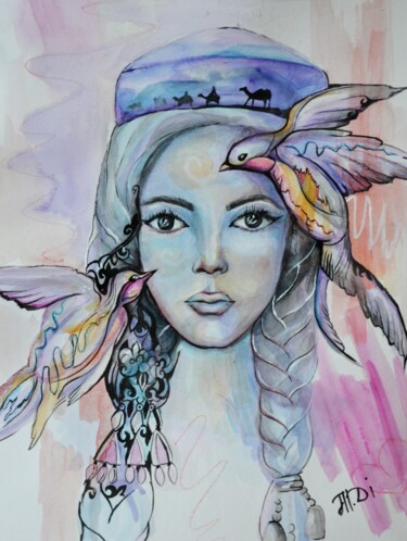 Schilderij getiteld "kazakh super girl" door Dina Telesheva, Origineel Kunstwerk, Aquarel