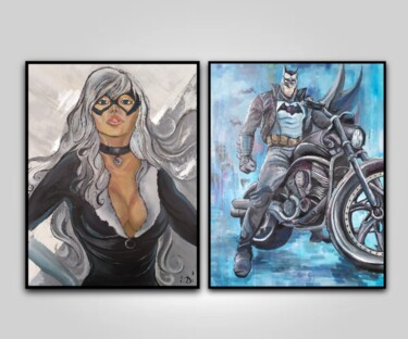 Painting titled "batman and catwoman" by Dina Telesheva, Original Artwork, Acrylic Mounted on Wood Stretcher frame
