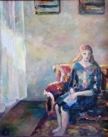 Painting titled "Girl in a lighted r…" by Dina Khabibullina (Dina Adagio), Original Artwork, Oil